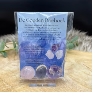 Gouden Driehoek edelstenen set in zakje met uitlegkaart, Amethist, Rozenkwarts en Bergkristal – Gouden Driehoek werking, Gouden driehoek trommelstenen
