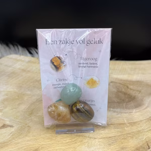 Edelstenen Setje "een zakje vol geluk" met de stenen tijgeroog citrine en aventurijn