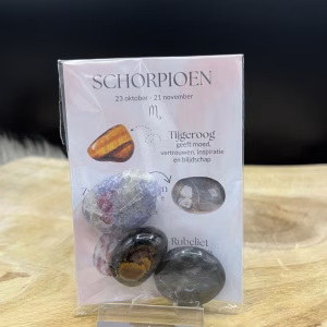 Setje edelstenen Schorpioen, Sterrenbeeld edelstenen, Tijgeroog, Zwarte Maansteen, Rubeliet, Uitleg kaartje