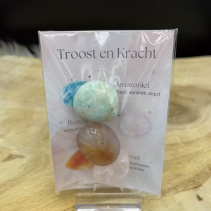 Edelstenen Setje "Troost en Kracht"Met de stenen Amazoniet, Rozekwarts en Carneool en een uitlegkaartje