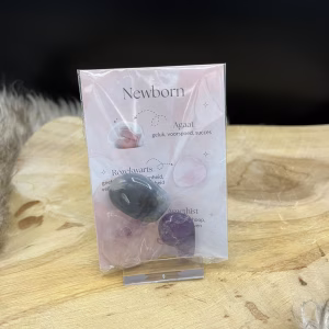 New Born Setje met edelstenen agaat, amethist en rozenkwart, Edelstenen setje newborn met uitleg kaartje