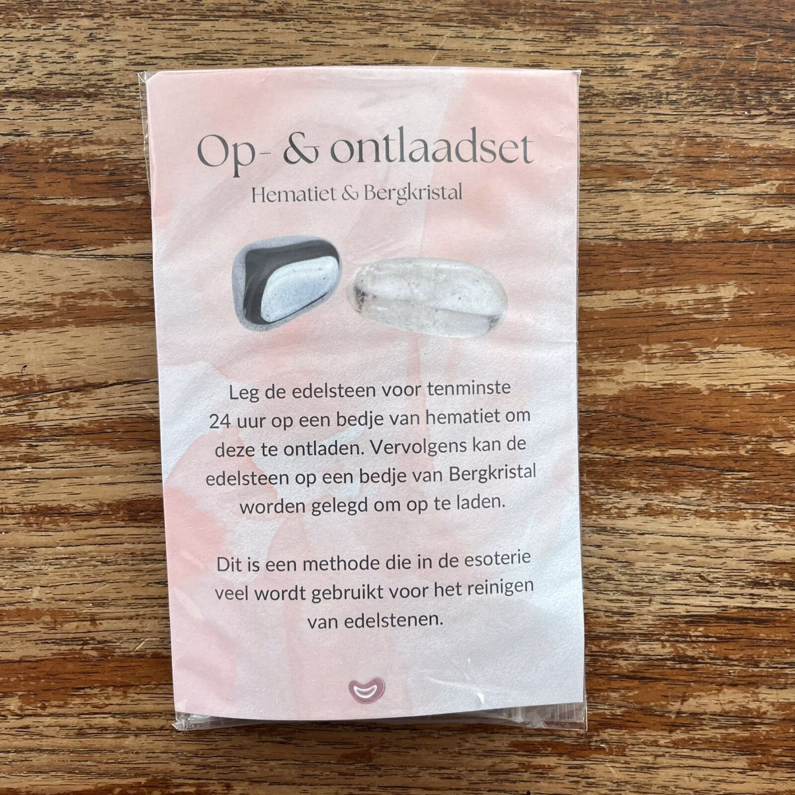 Op en Ontlaad setje edelstenen, Hematiet en bergkristal steentjes met uitleg