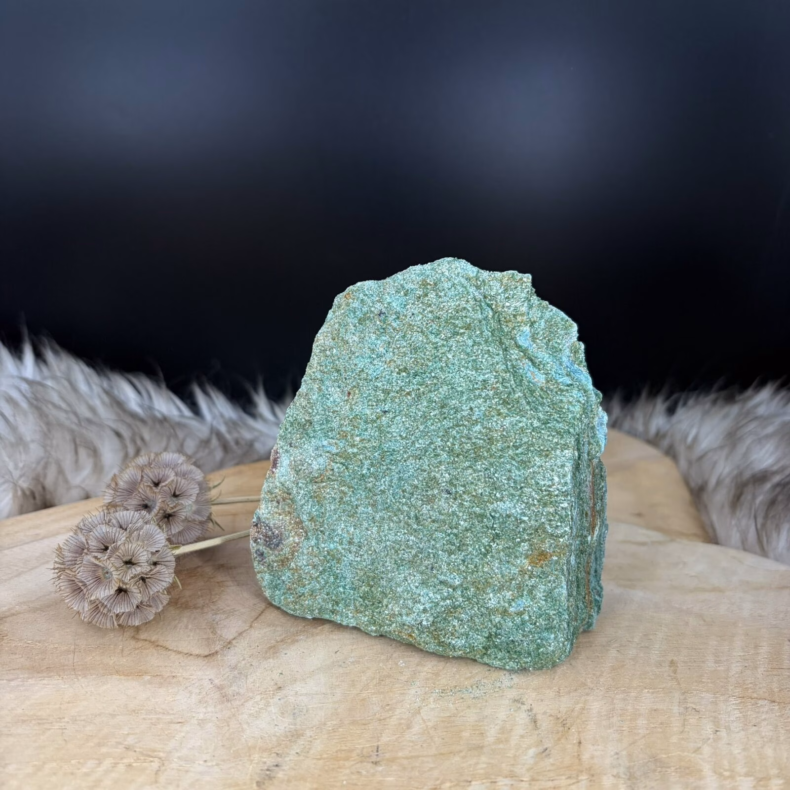 Fuchsiet Cut-Base van 11 cm hoog met een sprankelende groene glans, Detail van de mica schittering in een Fuchsiet van 603 gram, Zijaanzicht van de 4 cm diepe Fuchsiet op een vlakke voet, Groene Fuchsiet Cut-Base op een houten plank in een lichte kamer.