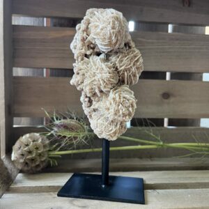 woestijnroos groot op standaard in interieur, spirituele werking woestijnroos decoratie, natuurlijke woestijnroos edelsteen op standaard, woestijnroos met rozetvorm op sokkel, bijzondere kristalsteen woestijnroos op display