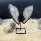 Agaat vlinder op standaard met symmetrische vleugels van één agaat, Detail van de kristallenstructuur in beide vleugels, Zijaanzicht van agaat vlinder met natuurlijke tinten en lijnen, Spirituele setting met agaat vlinder op altaar, Close-up van glanzende vleugelranden en agaatlagen