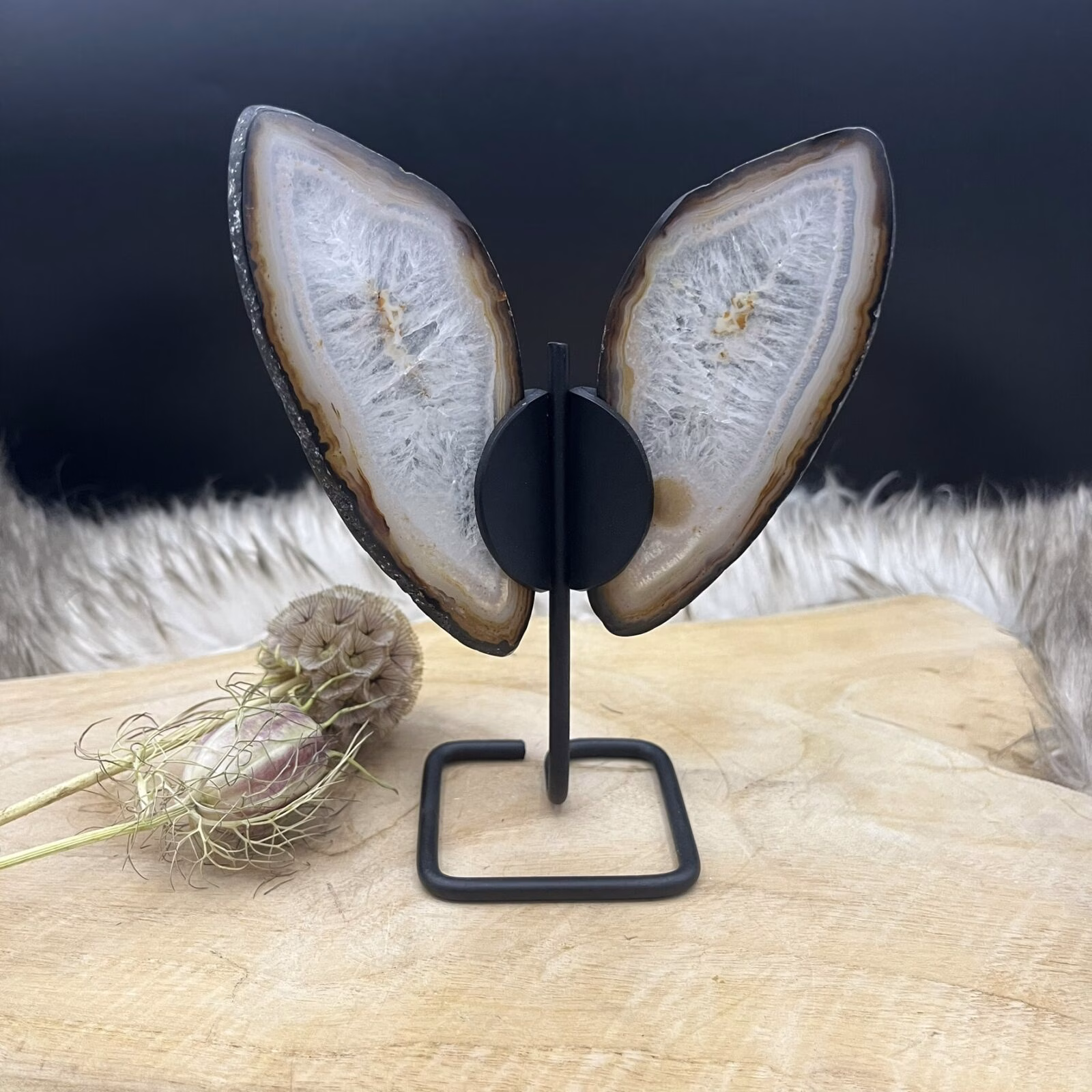 Agaat vlinder op standaard met symmetrische vleugels van één agaat, Detail van de kristallenstructuur in beide vleugels, Zijaanzicht van agaat vlinder met natuurlijke tinten en lijnen, Spirituele setting met agaat vlinder op altaar, Close-up van glanzende vleugelranden en agaatlagen