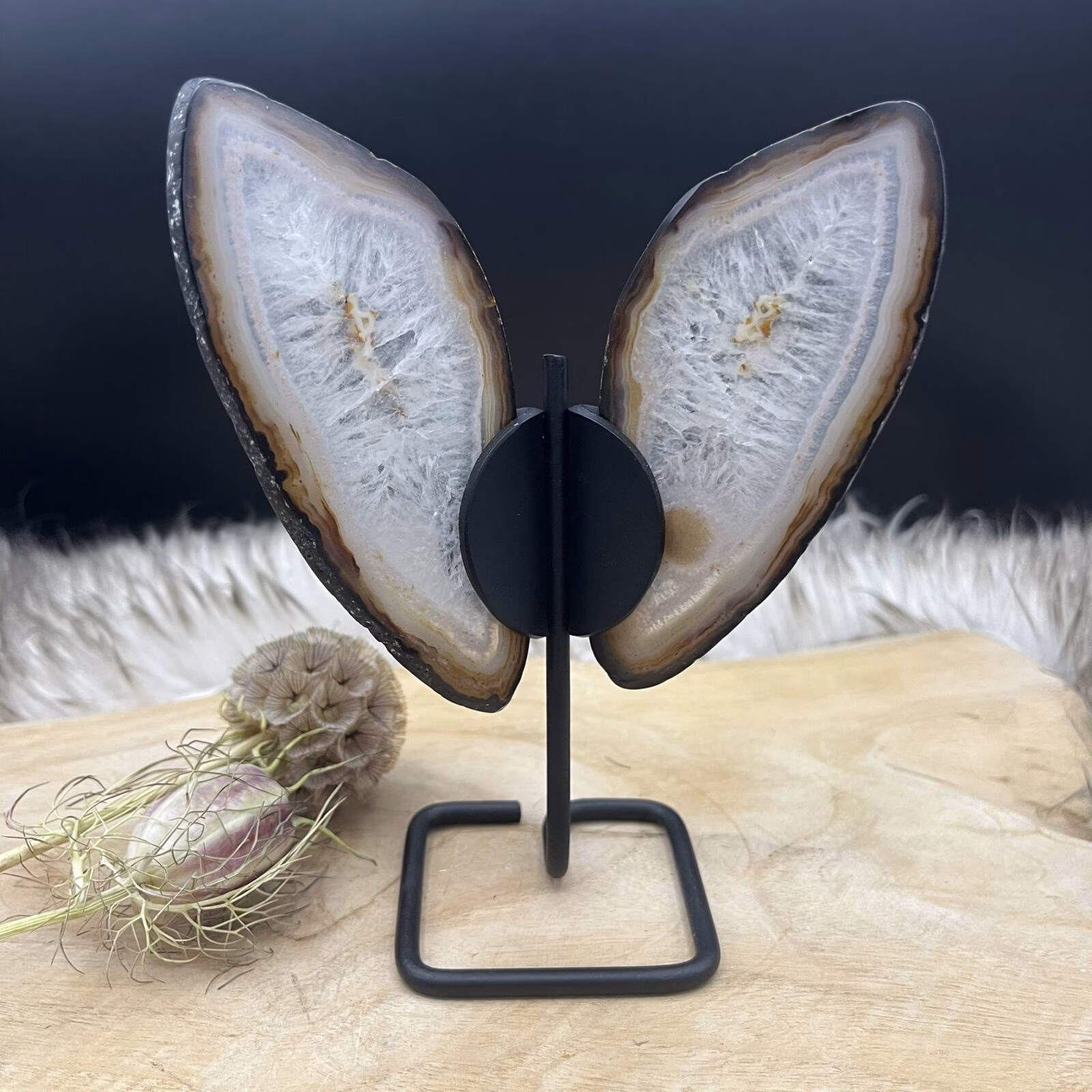 Agaat vlinder op standaard met symmetrische vleugels van één agaat, Detail van de kristallenstructuur in beide vleugels, Zijaanzicht van agaat vlinder met natuurlijke tinten en lijnen, Spirituele setting met agaat vlinder op altaar, Close-up van glanzende vleugelranden en agaatlagen