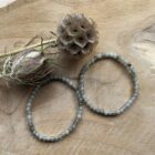 Labradoriet armband 4 mm met iriserende glans, Close-up van labradoriet kralen met blauwe en gouden schakeringen, Labradoriet armband gedragen om de pols in natuurlijk licht, Stapel armbanden met labradoriet als beschermende steen, Labradoriet armband 4 mm in spirituele setting met salie en kristallen