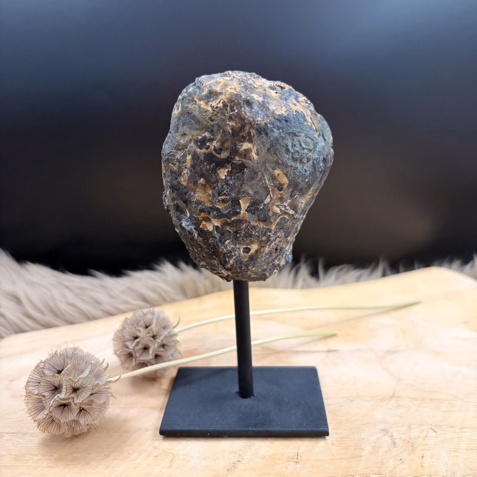 Agaat op zwarte standaard No.1 van 411 gram met zichtbare kristallen en natuurlijke kleurlagen, 14,5 cm hoog.