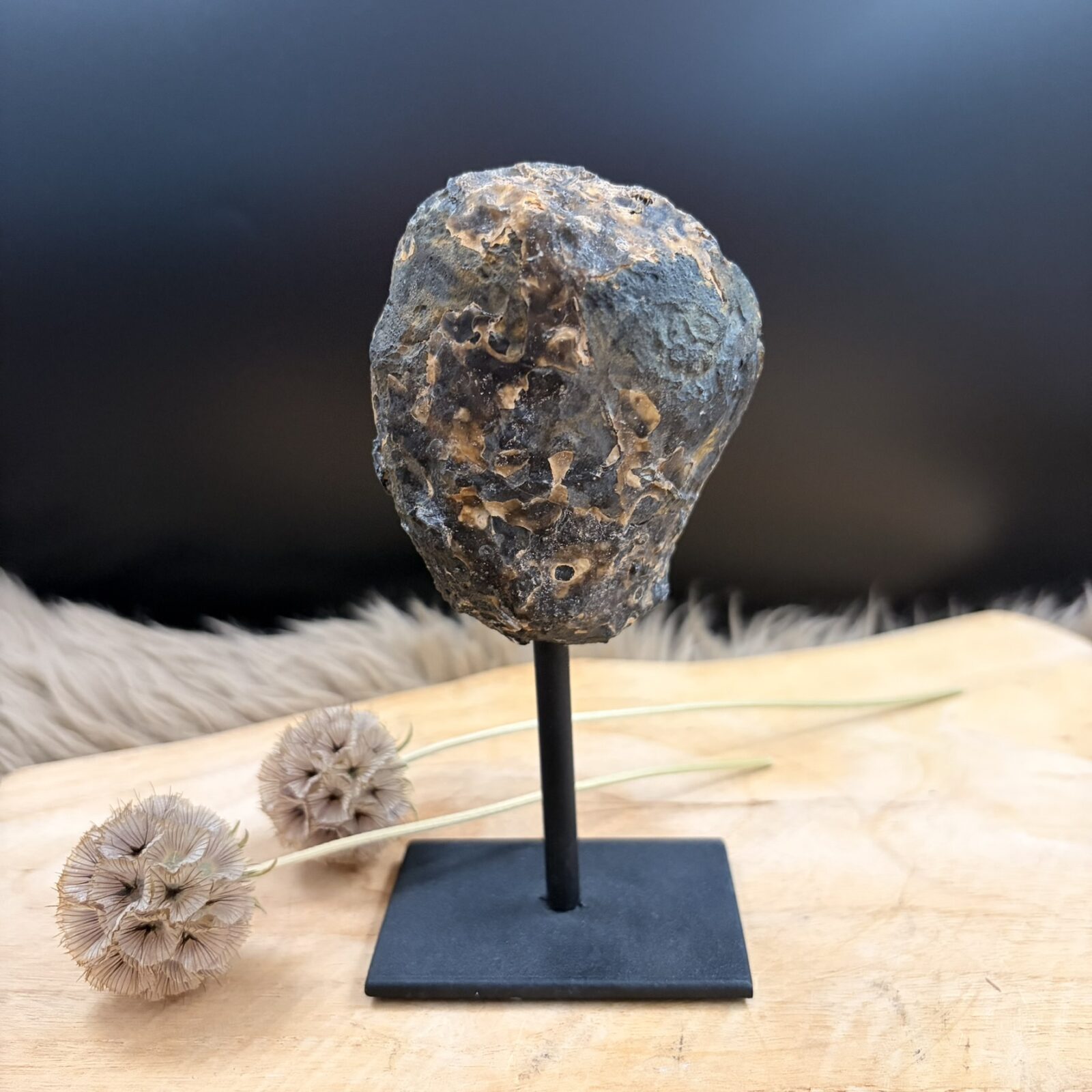Agaat op zwarte standaard No.1 van 411 gram met zichtbare kristallen en natuurlijke kleurlagen, 14,5 cm hoog.
