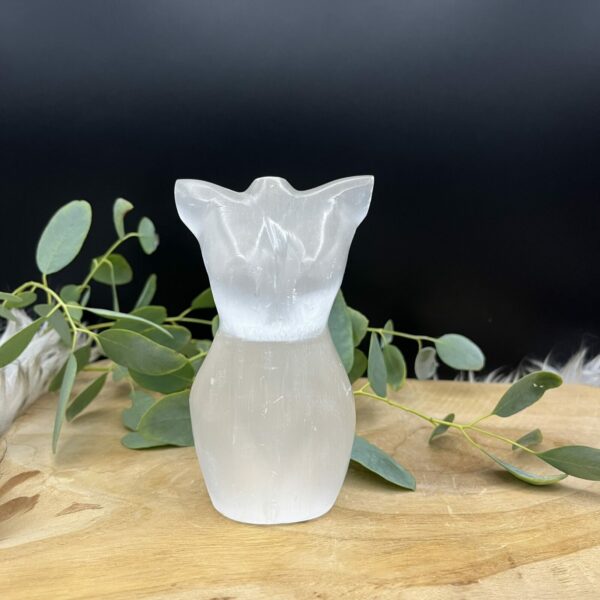 Seleniet torso van 350 gram met zachte witte glans, Kristallen seleniet torso 12 cm hoog en 6 cm breed, Zorgvuldig gekozen seleniet torso met vloeiende lijnen, Spirituele seleniet edelsteen torso voor rust en balans, Unieke seleniet torso 350g, zorgvuldig geselecteerd exemplaar