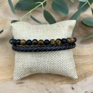 Golden Sun armband met tijgeroog en onyx, Stoere leren armband 21,5–23 cm met edelsteen kralen, Spirituele armband voor kracht bescherming en balans, Herenarmband met roestvrijstalen sluiting en tijgeroog, Zonnige tijgeroog armband gecombineerd met onyx