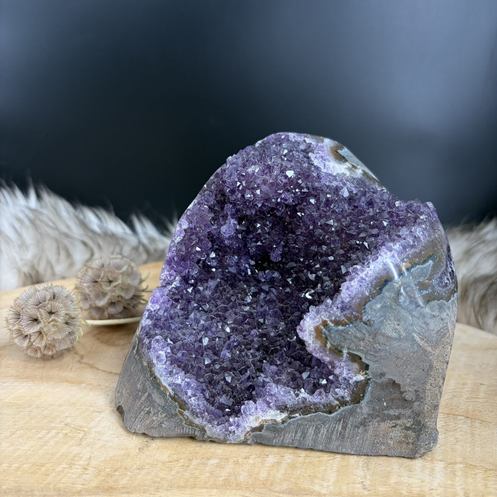 paarse amethist cut base 1837 gram uruguay dieppaars kristal natuursteentje, amethist cluster met vlakke onderkant 13 cm breed, detail dieppaarse amethist kristallen uruguay kwaliteit, zelfstaande amethist voor rust en balans in huis