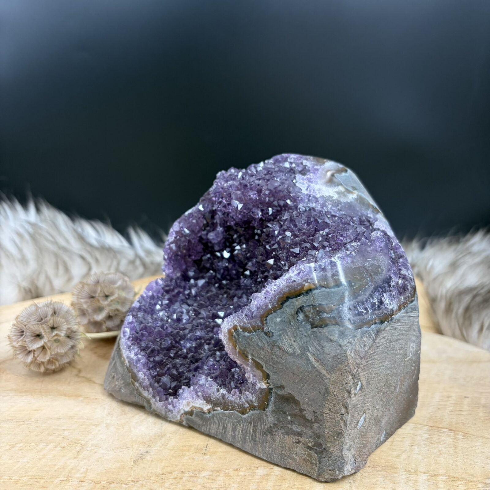 paarse amethist cut base 1837 gram uruguay dieppaars kristal natuursteentje, amethist cluster met vlakke onderkant 13 cm breed, detail dieppaarse amethist kristallen uruguay kwaliteit, zelfstaande amethist voor rust en balans in huis