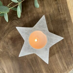 Seleniet theelichthouder,seleniet theelichthouder ster wit, stervormige seleniet theelichthouder met kaarslicht, spirituele seleniet ster theelichthouder, natuurlijke seleniet theelichthouder ster, seleniet ster voor sfeer en zuiverheid, handgemaakte seleniet theelichthouder ster