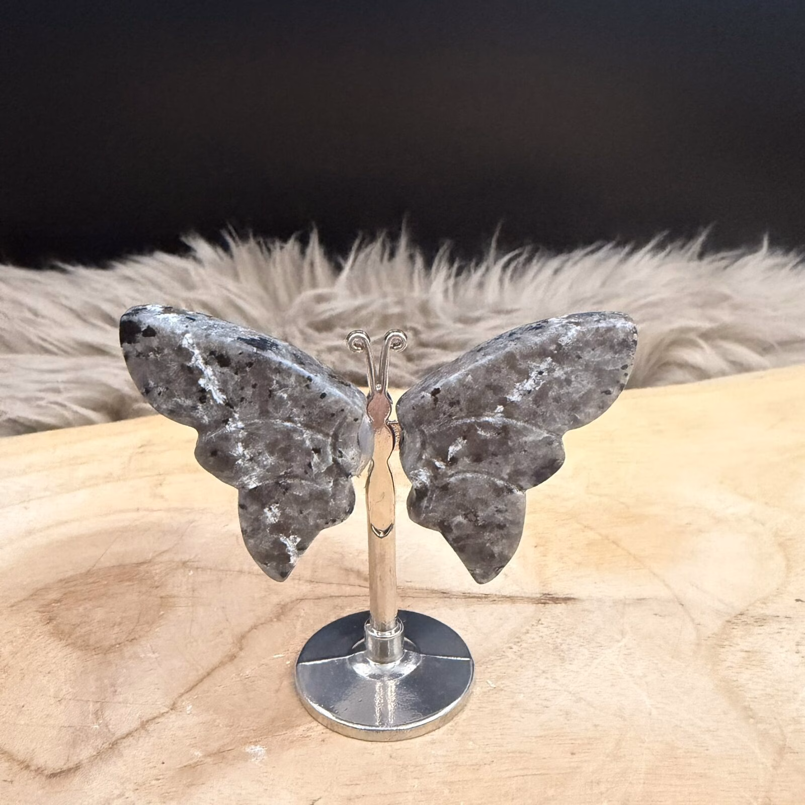 Yooperlite vlinder met zilver lijfje 6 cm hoog en 6,5 cm breed