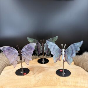 Regenboog Fluoriet vlinder op standaard 170 gram voor focus, kleurrijke edelsteen vlinder voor transformatie bij Natuursteentje, handgeselecteerde Fluoriet kopen voor concentratie, spirituele werking Regenboog Fluoriet tegen chaos, edelsteen vlinder op zwarte standaard webshop Natuursteentje, unieke paarse en groene Fluoriet vlinder