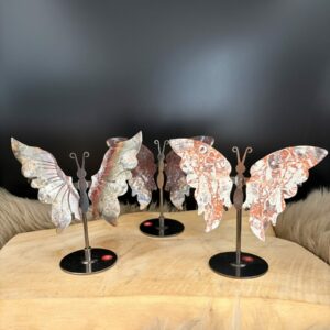 Money Agaat Vlinder, Money agaat vlinder op standaard, Crazy lace agaat vlinder, crazy lace agaat vlinder op standaard, Collectie Money Agaat vlinder op standaard bij Natuursteentje voor innerlijke rust en stabiliteit, unieke handgeselecteerde vlinders met zilveren details en boomachtige dendrieten, krachtige edelstenen met een trigonaal kristalstelsel voor een positieve mindset, kies jouw eigen unieke Money Agaat vlinder op standaard aan de hand van de variatie-foto's in onze webshop.