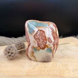 Polychroom Jaspis Freeform: Gedeeltelijk gepolijste Polychroom Jaspis freeform van 425 gram met natuurlijke aardse kleuren en vlammende patronen, 9 cm hoog.