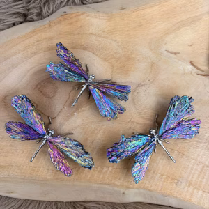 Kyaniet Dragonfly klein Kyaniet libelle (dragonfly klein) met zilveren lijfje en vleugels van kyaniet met aura coating, 10 cm breed.