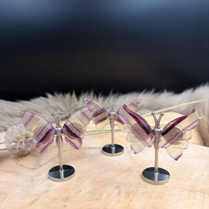 Fluoriet vlindertje met paarse banen en zilveren lijfje, Transparant fluoriet vlindertje met kristalstructuur en zilveren lijfje, Handgeslepen fluoriet vlindertje met gelaagde kleuren en zilveren lijfje, Paars fluoriet vlindertje met natuurlijke kleurovergangen en zilveren lijfje, Edelsteen vlindertje van fluoriet met uniek kleurenpatroon en zilveren lijfje, Kleurrijk fluoriet vlindertje voor focus en helderheid met zilveren lijfj