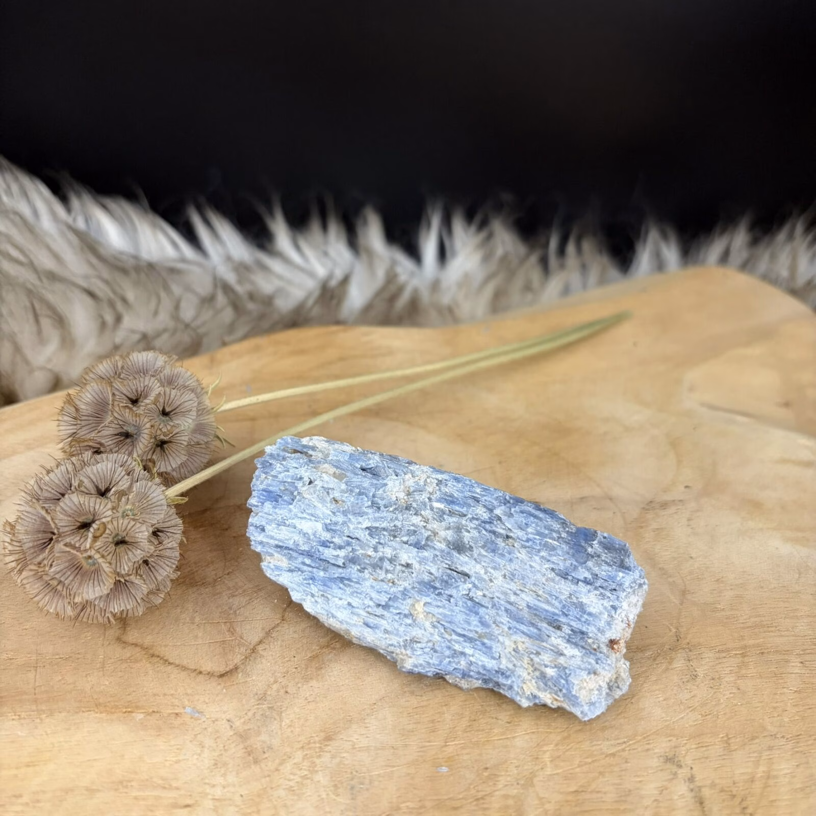 Blauwe Kyaniet van 9 cm lang met een glanzende gelaagde structuur, Detail van de diepblauwe banen in een Kyaniet van 119 gram, Kyaniet mineraal met een trikliene kristalvorm op een lichte achtergrond, Blauwe Kyaniet op een houten tafel voor rust en communicatie in huis.