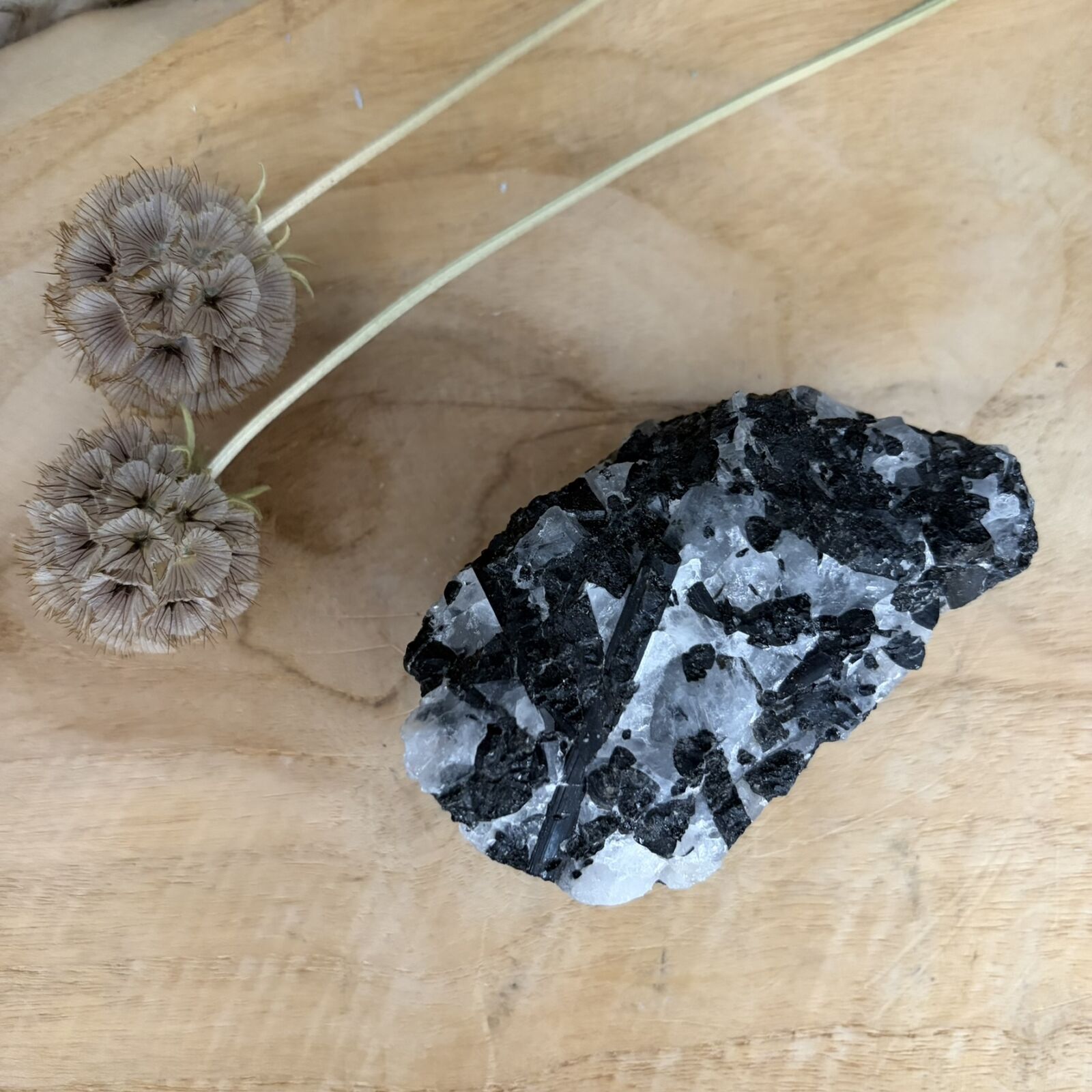 Toermalijnkwarts No.1 van 9 cm lang met zwarte naalden in witte kwarts, Handzaam stuk toermalijnkwarts van 219 gram uit Brazilië voor bescherming, Detail van de zwarte toermalijnnaalden in een geslepen kwartssteen, Toermalijnkwarts No.1 op een houten bureau naast een laptop tegen straling