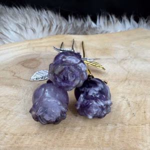 Edelsteen Bloem, amethist roos goud steeltje, edelsteen bloem paars amethist, amethist roos zilver steeltje, handgemaakte amethist roos 15 cm, edelsteen cadeau amethist roos, natuursteen roos paars kristal