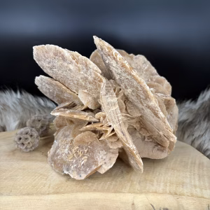 Woestijnroos edelsteen in natuurlijke vorm, grote zandroos uit Tunesië voor interieur, woestijnroos kristal voor emotionele balans, ruwe woestijnroos op houten tafel, zandkleurige edelsteen woestijnroos voor meditatie, uniek woestijnroos mineraal uit de natuur, Woestijnroos, Zandroos