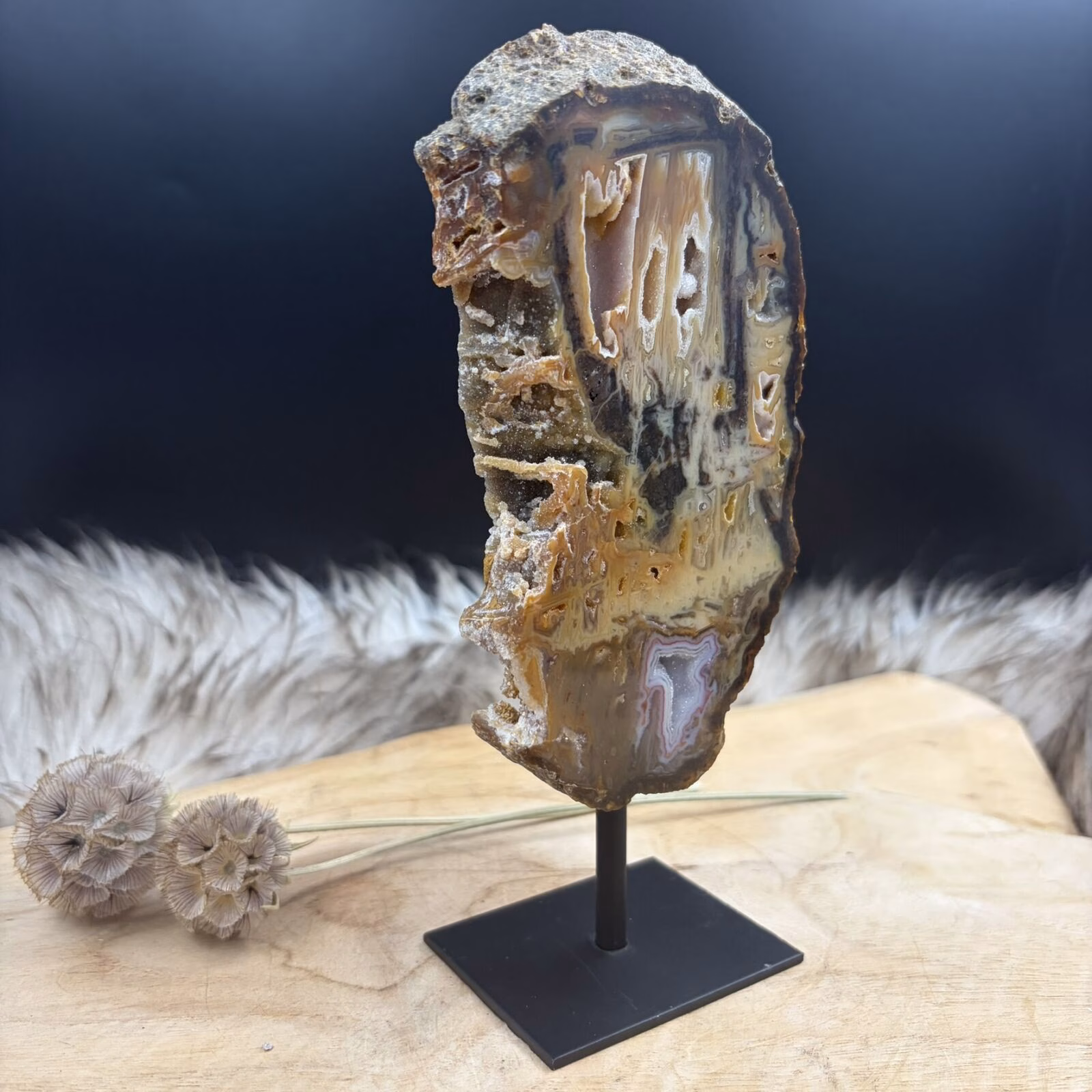 agaatschijf op standaard bruin met natuurlijke banden en druzy